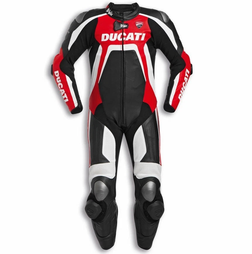 Ducati Corse one-piece leather racing suit in red, black, and white with D-Air technology and integrated armor.