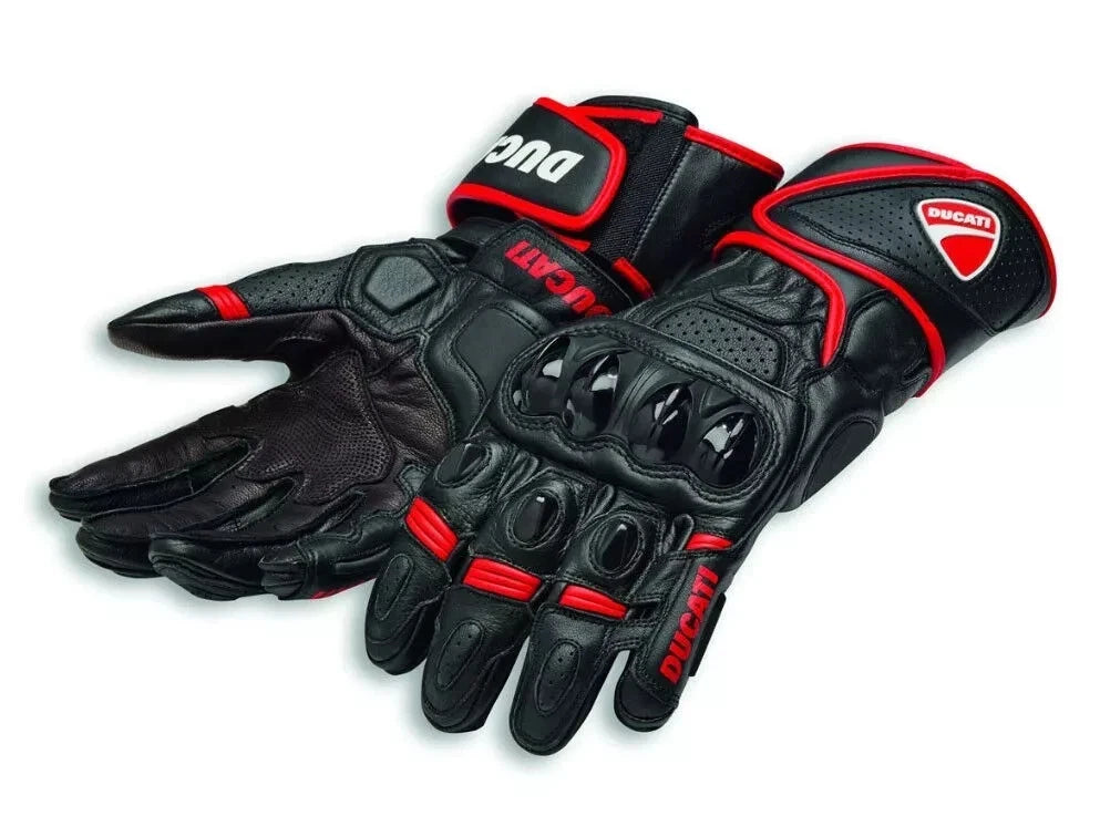 Ducati leather motorcycle racing gloves in black and red with integrated knuckle armor.