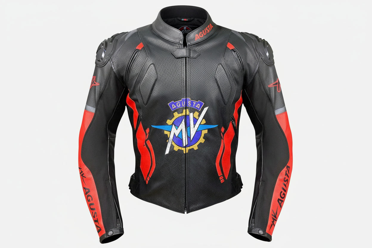 MV Agusta black and red leather motorcycle racing jacket with heritage logo and integrated armor.