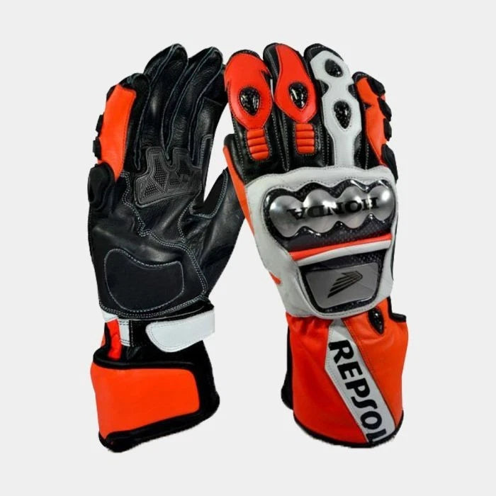 Honda Repsol leather motorcycle racing gloves in orange and white with metallic knuckle armor.