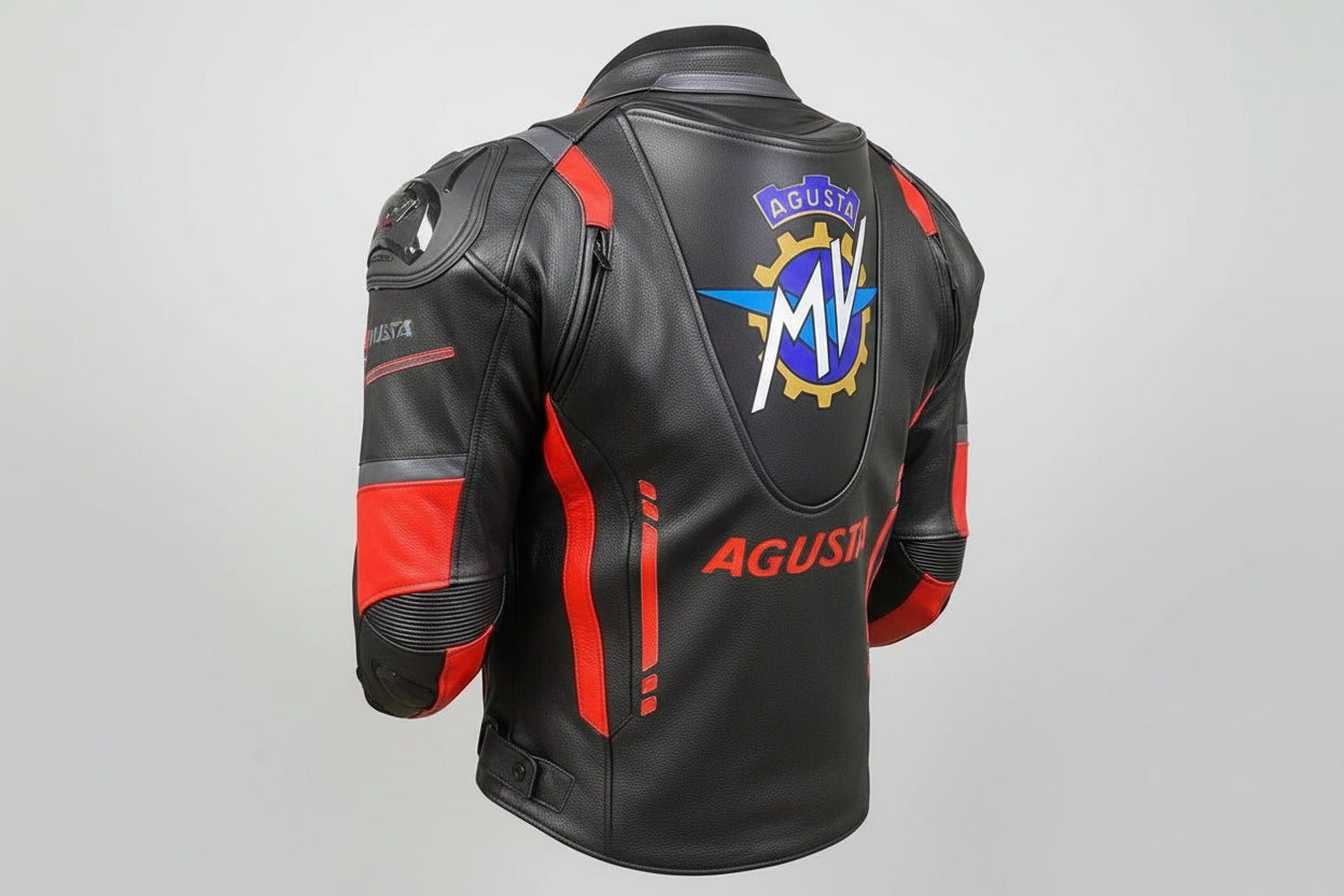 Detailed view of the large MV Agusta chest logo, perforated leather panels, and external hard-shell shoulder sliders.