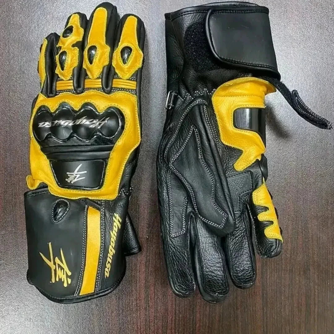 Suzuki Hayabusa leather motorcycle racing gloves in yellow and black with articulated knuckle armor.