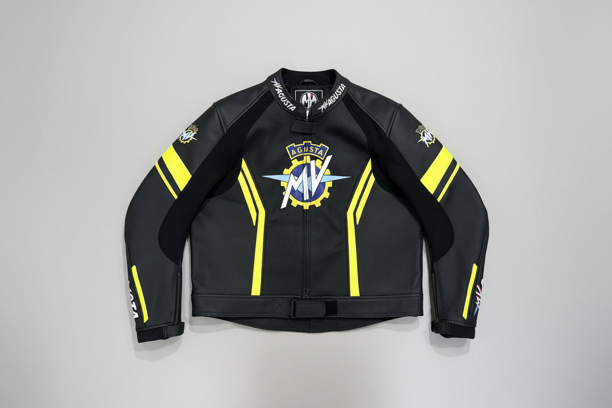 MV Agusta black and neon yellow leather motorcycle racing jacket with heritage logo and integrated armor.