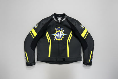 MV Agusta black and neon yellow leather motorcycle racing jacket with heritage logo and integrated armor.