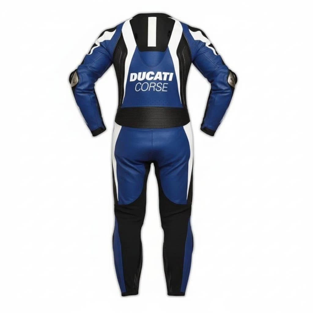 Detailed view of the Ducati Corse chest logo, metallic shoulder sliders, and blue accordion stretch panels on a professional track suit.