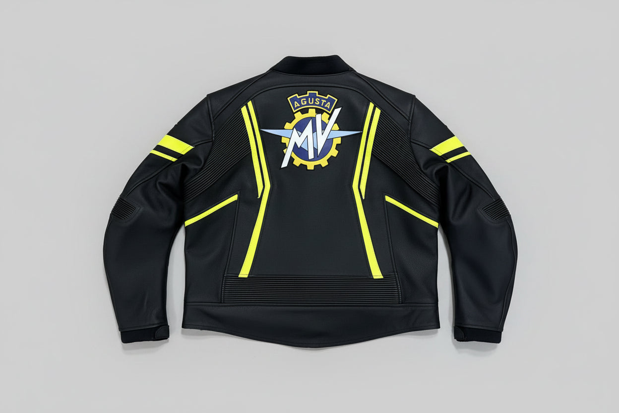 Detailed view of the large MV Agusta chest logo, neon yellow racing stripes, and professional leather construction on a black jacket.