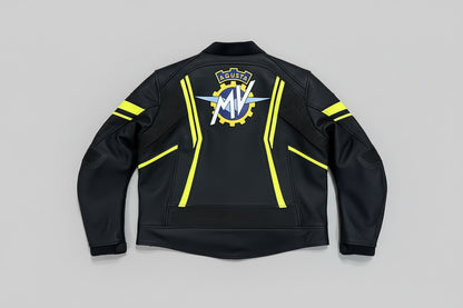 Detailed view of the large MV Agusta chest logo, neon yellow racing stripes, and professional leather construction on a black jacket.