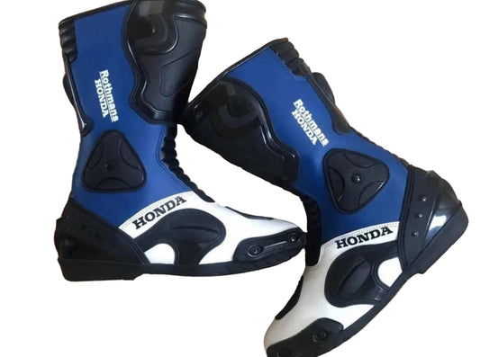 Honda Rothmans Edition blue and white leather motorcycle racing boots.