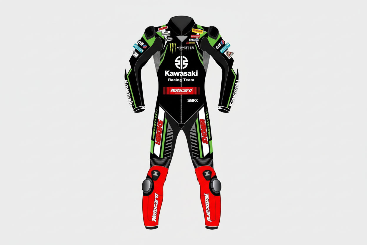 Kawasaki Racing Team Monster Energy leather motorcycle suit with Motocard and Showa sponsor logos.