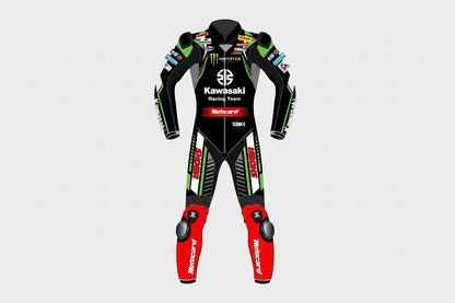 Kawasaki Racing Team Monster Energy leather motorcycle suit with Motocard and Showa sponsor logos.