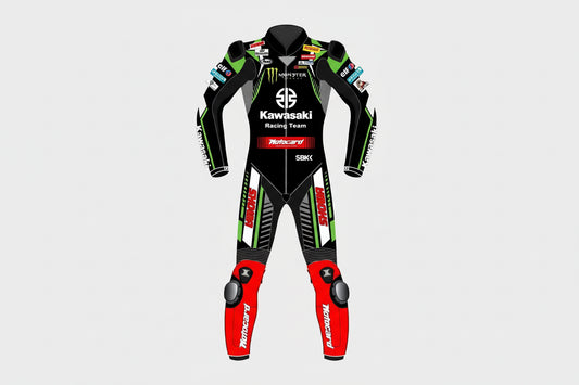Kawasaki Racing Team Monster Energy leather motorcycle suit with Motocard and Showa sponsor logos.