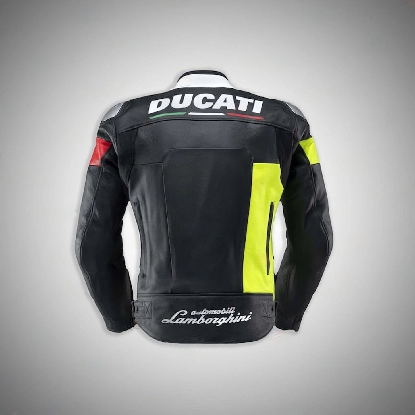 Detailed view of the Ducati chest logo, Lamborghini forearm branding, and silver external shoulder sliders on a multi-color racing jacket.