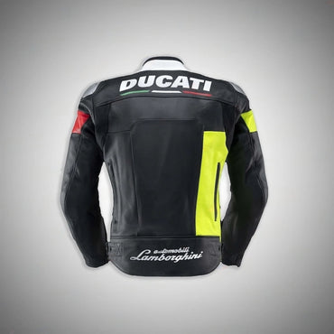 Detailed view of the Ducati chest logo, Lamborghini forearm branding, and silver external shoulder sliders on a multi-color racing jacket.