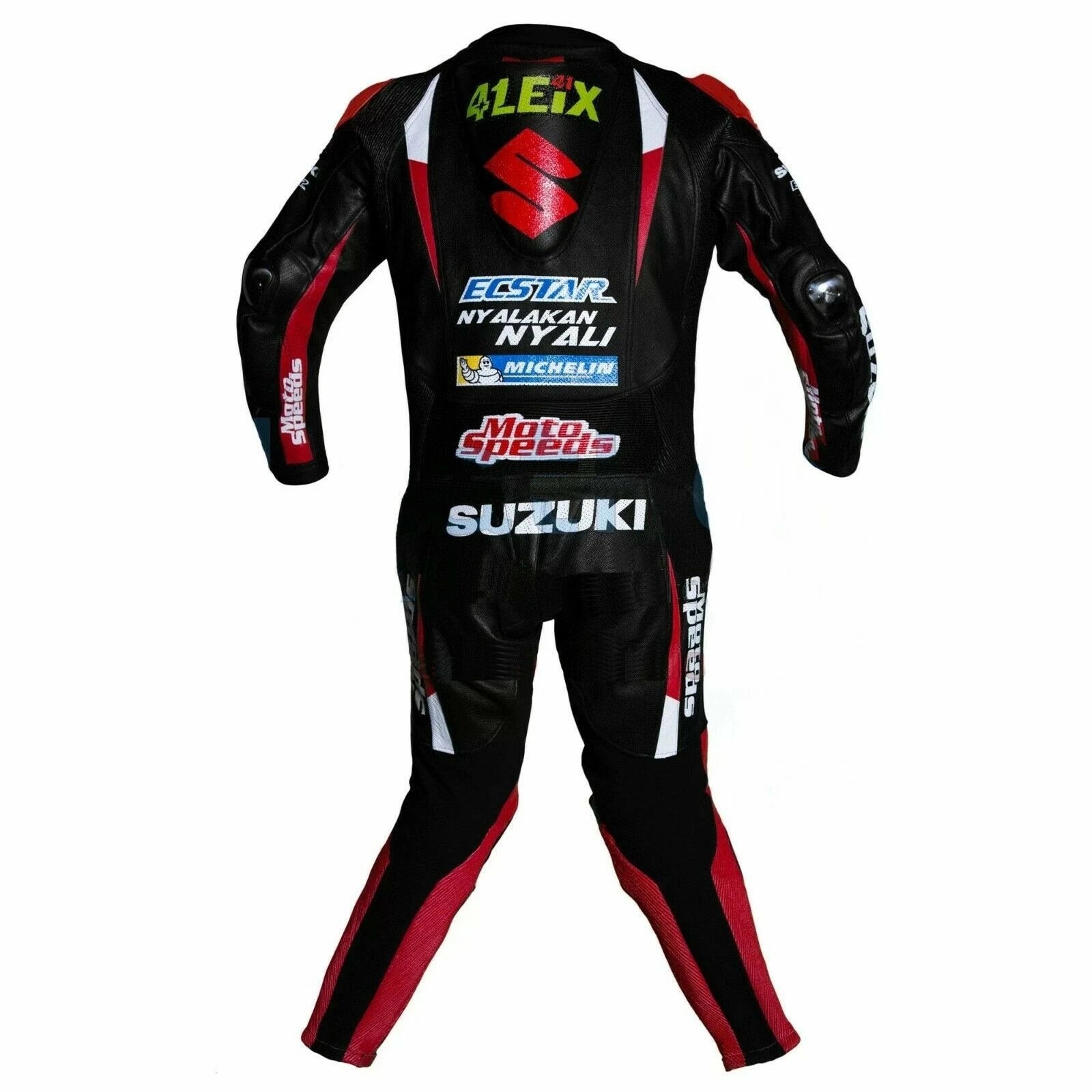 Detailed view of the Suzuki ECSTAR chest branding, red accordion stretch panels, and black knee sliders.