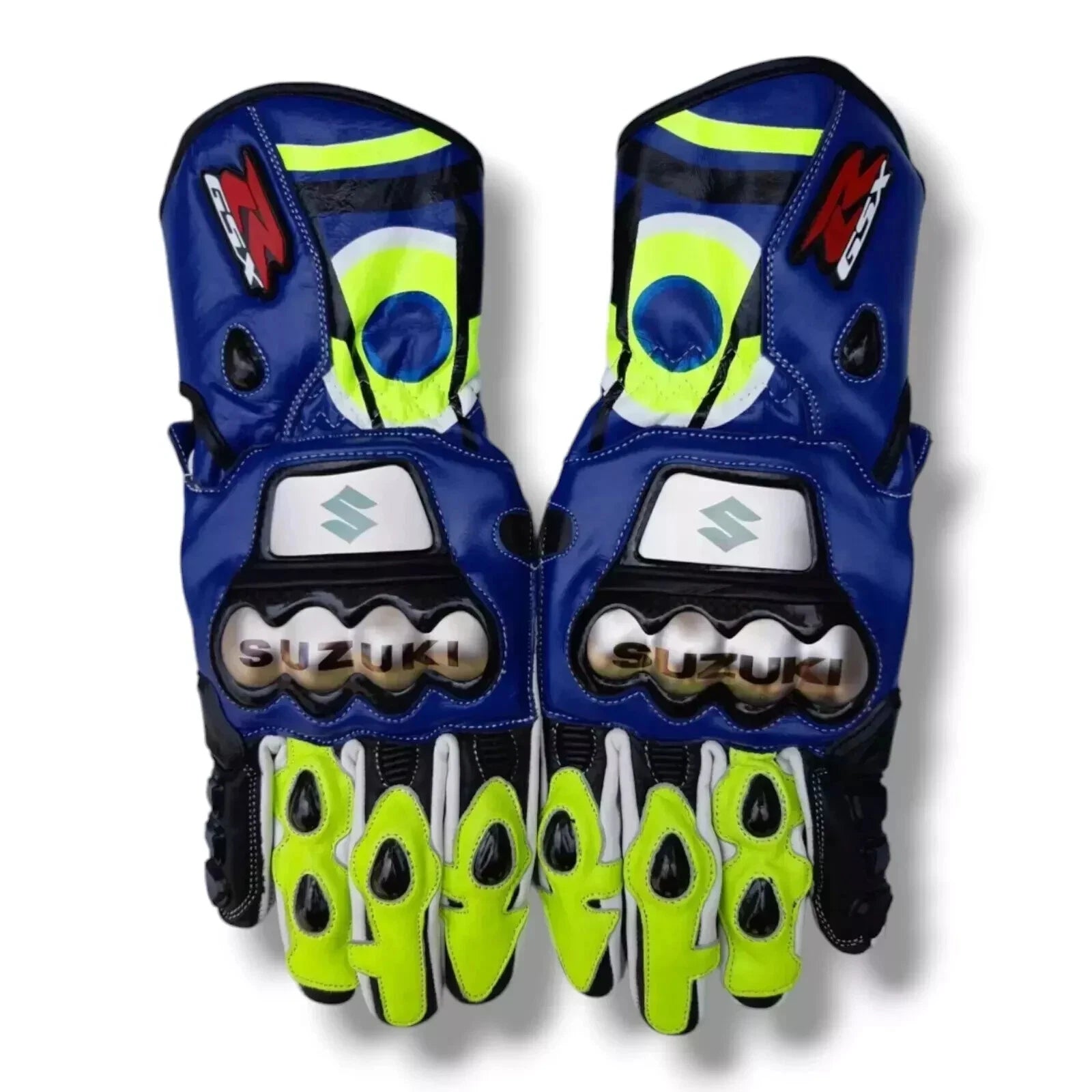 Suzuki GSX-R racing leather motorcycle gloves in blue, white, and black with metallic knuckle armor.