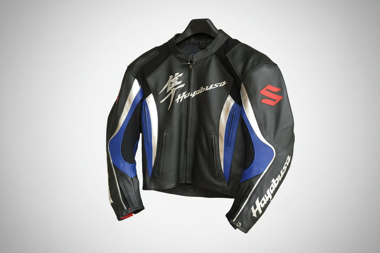 Suzuki Hayabusa black, blue, and white leather motorcycle racing jacket with Kanji logo and integrated armor.