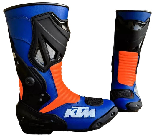 KTM Factory Racing blue and orange leather motorcycle racing boots.