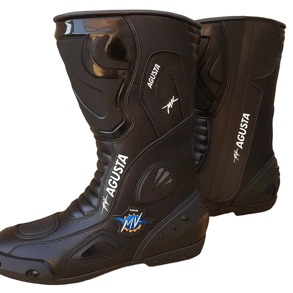 MV Agusta obsidian black leather motorcycle racing boots.