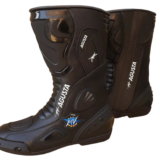 MV Agusta obsidian black leather motorcycle racing boots.