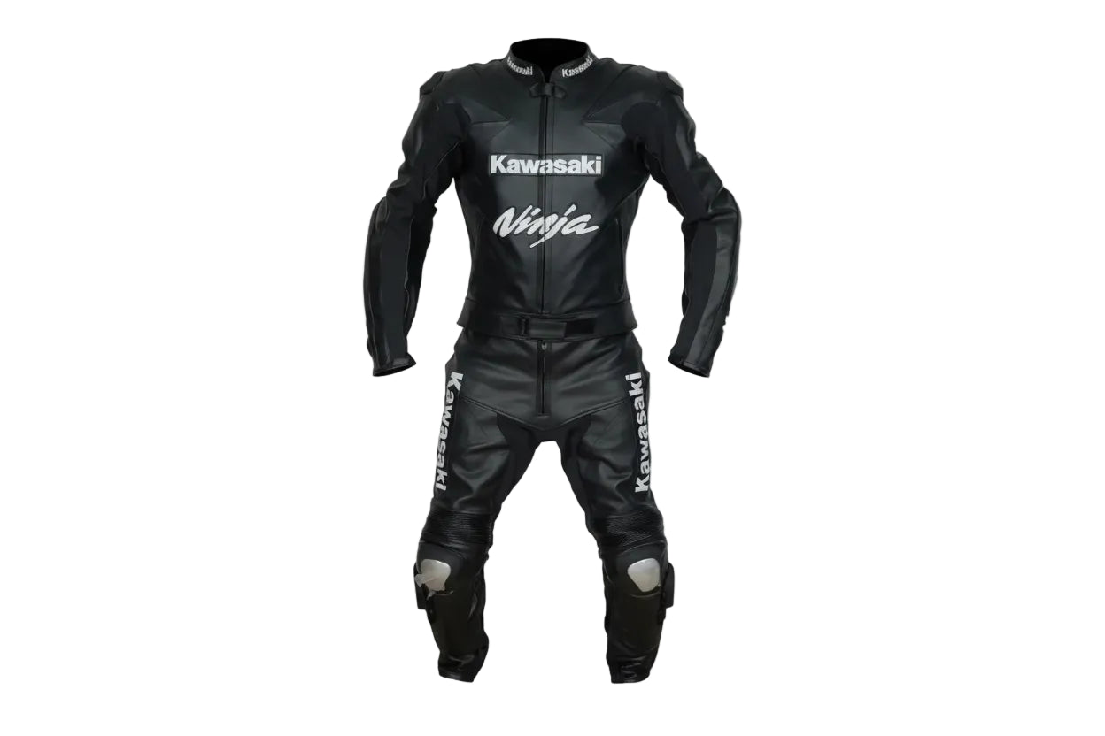 Kawasaki Ninja black and white leather motorcycle racing suit with integrated armor and professional.