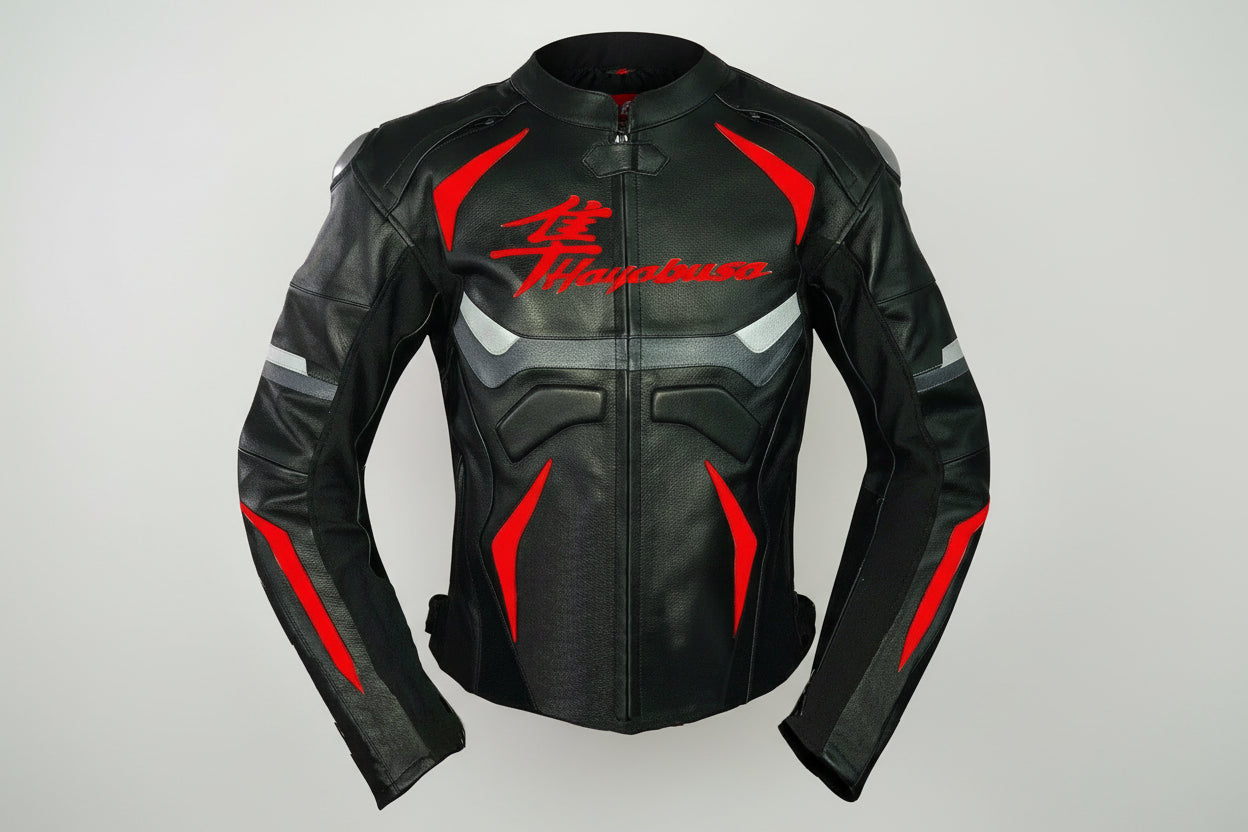 Suzuki Hayabusa black and red leather motorcycle racing jacket with Kanji logo and integrated armor.