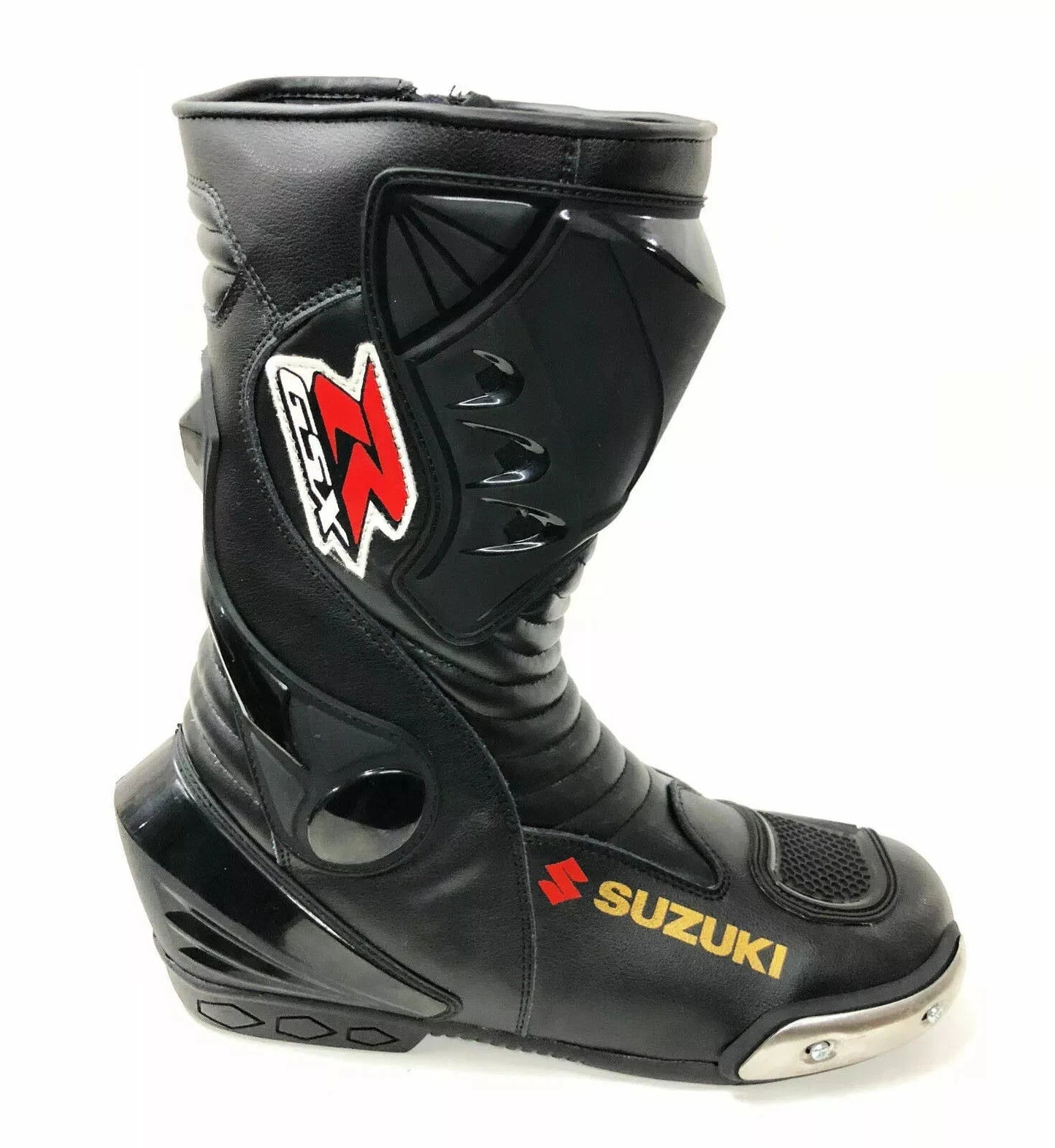 Suzuki GSX black leather motorcycle racing boots.