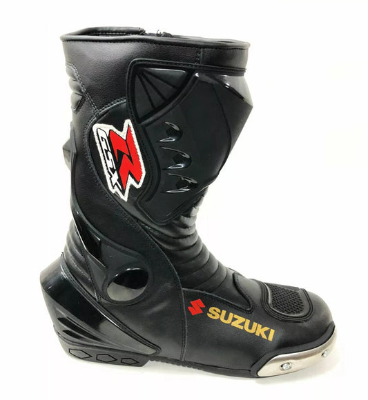 Suzuki GSX black leather motorcycle racing boots.