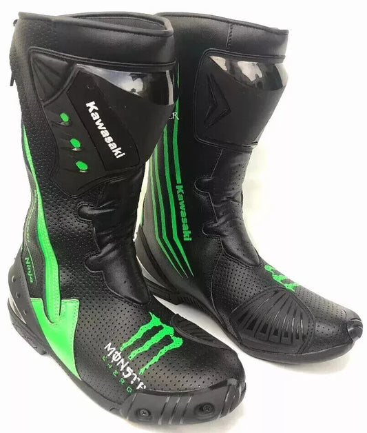 Kawasaki Ninja Monster Energy black leather motorcycle racing boots.
