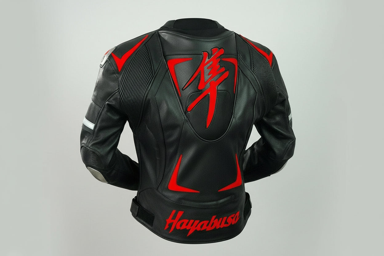 Detailed view of the red Hayabusa Kanji branding, silver shoulder sliders, and technical leather panels on a black and red racing jacket.