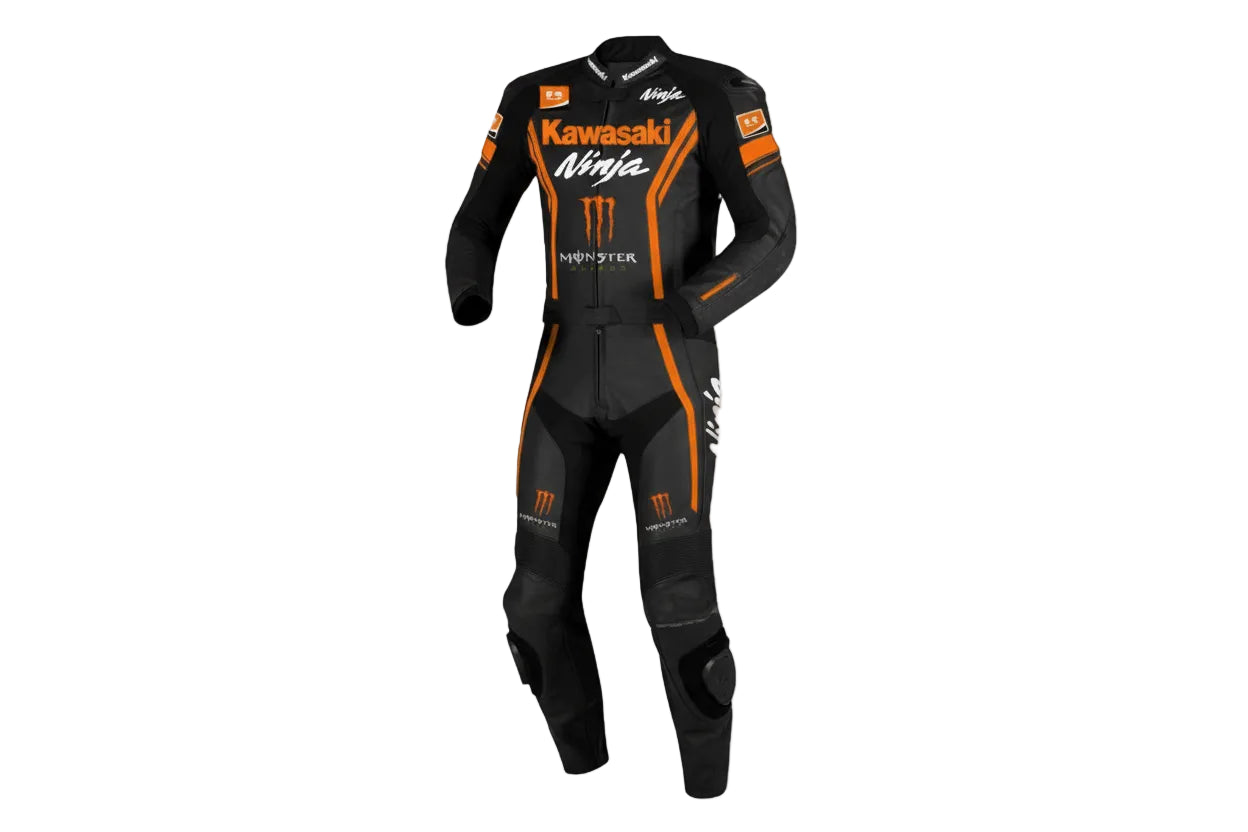 Kawasaki Monster black and orange leather motorcycle racing suit with Ninja branding and integrated armor.