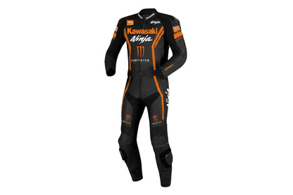 Kawasaki Monster black and orange leather motorcycle racing suit with Ninja branding and integrated armor.