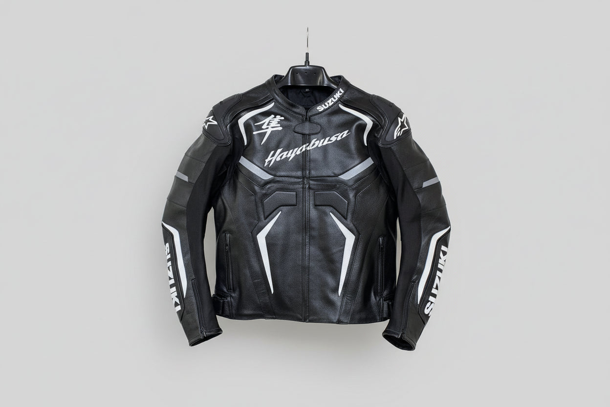 Suzuki Hayabusa black and white leather motorcycle racing jacket with Kanji logo and integrated armor.