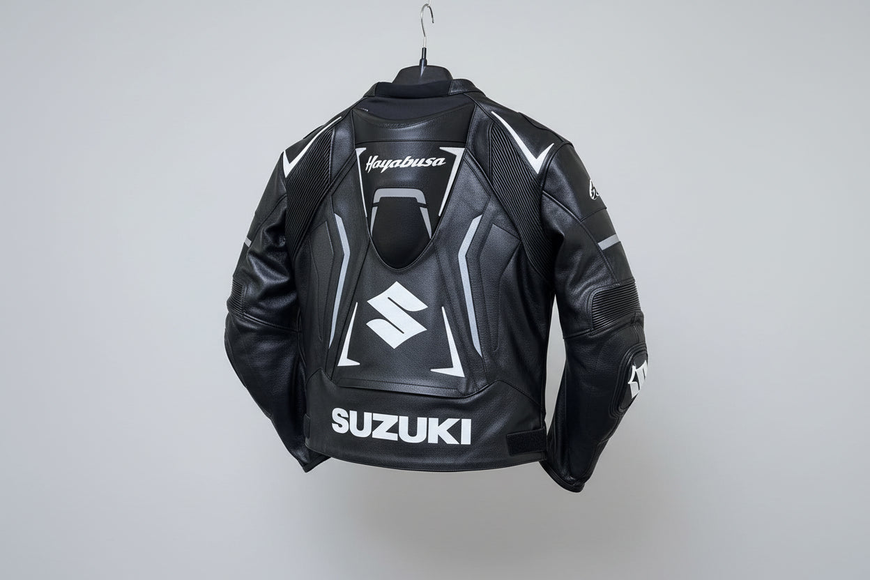 Detailed view of the white Hayabusa Kanji branding, Suzuki forearm logo, and external hard-shell shoulder sliders on a black leather jacket.