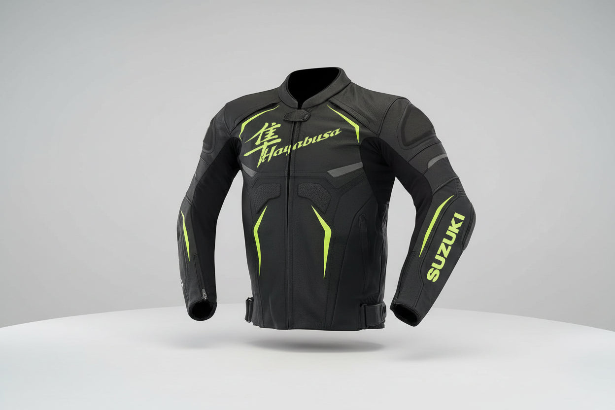 Suzuki Hayabusa black and neon green leather motorcycle racing jacket.