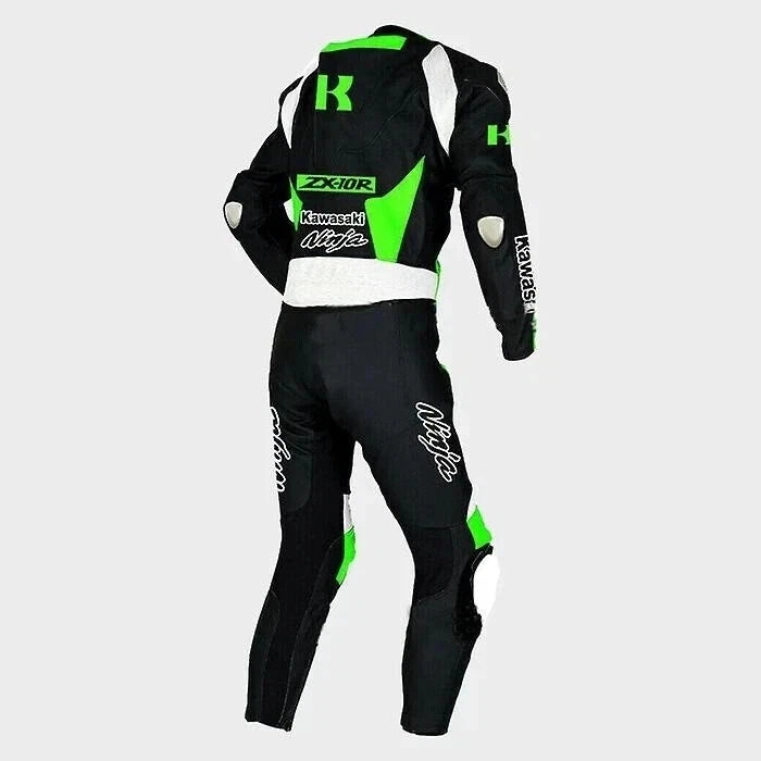 Detailed view of the Kawasaki Ninja chest branding, metallic shoulder sliders, and ZX-10R technical graphics on a one-piece racing suit.
