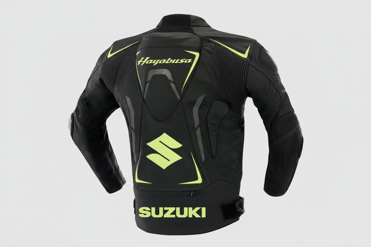 Detailed view of the neon green Hayabusa Kanji branding, Suzuki forearm logo, and external hard-shell shoulder sliders