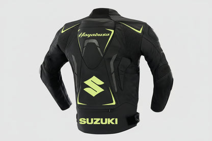 Detailed view of the neon green Hayabusa Kanji branding, Suzuki forearm logo, and external hard-shell shoulder sliders