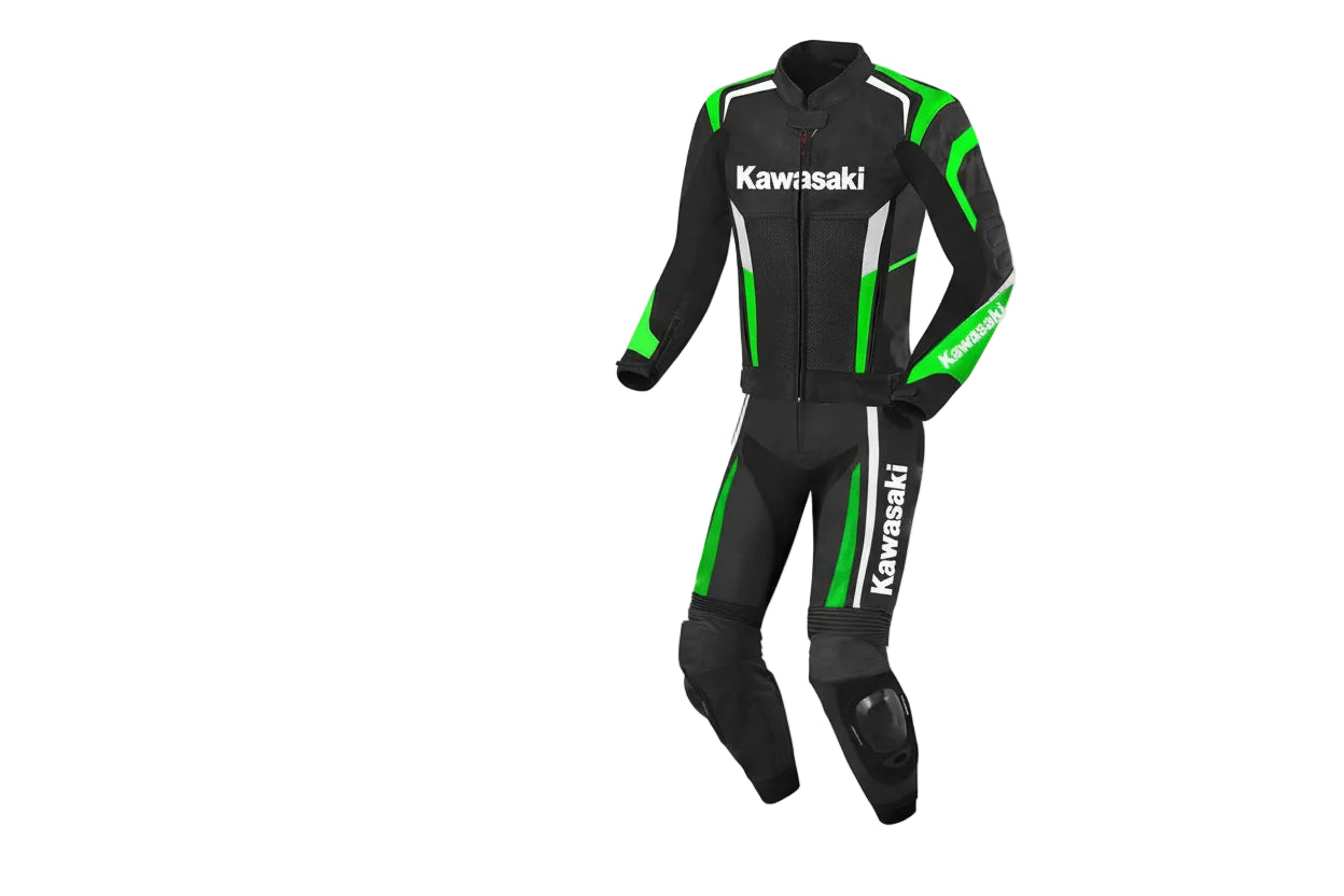Kawasaki Ninja black and green leather motorcycle racing suit with integrated armor and perforated ventilation.