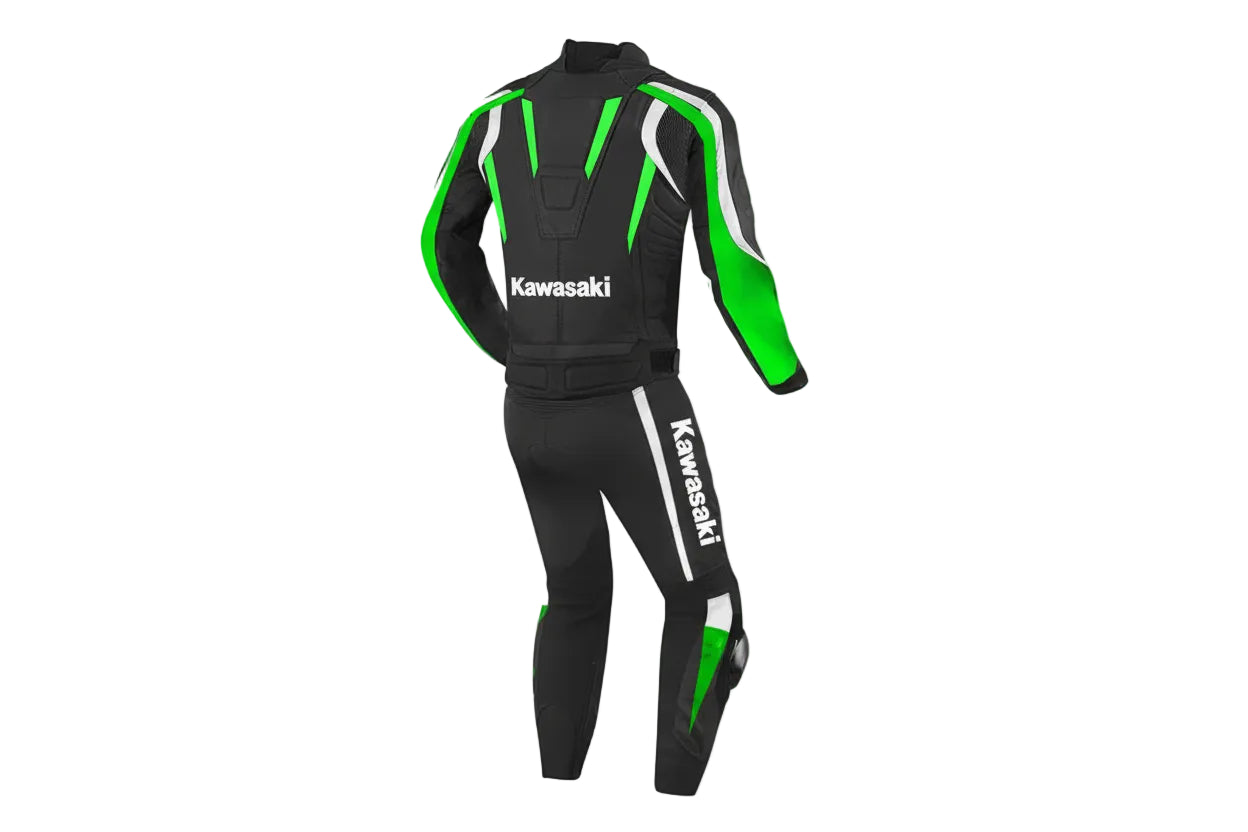 Detailed view of the Kawasaki chest branding, white technical graphics, and professional knee sliders on a two-piece racing suit.