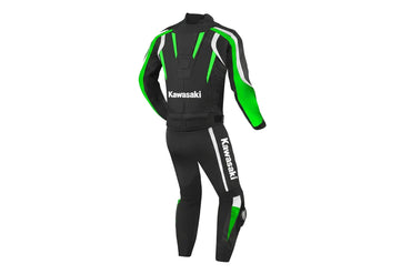 Detailed view of the Kawasaki chest branding, white technical graphics, and professional knee sliders on a two-piece racing suit.