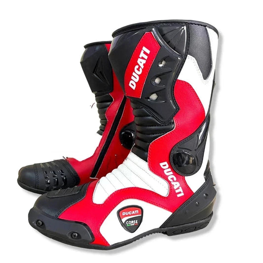Ducati Corse red and white leather motorcycle racing boots.