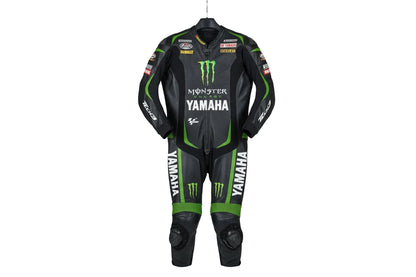 Yamaha Tech3 Monster Energy black and green leather motorcycle racing suit with professional sponsor patches and integrated armor.