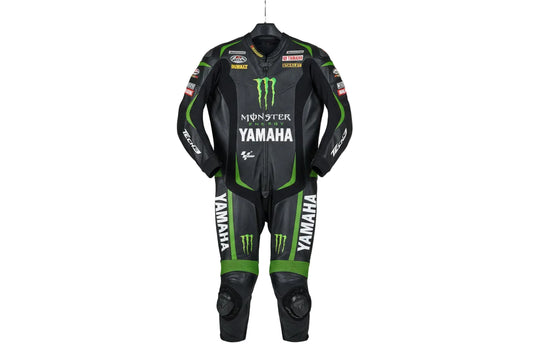 Yamaha Tech3 Monster Energy black and green leather motorcycle racing suit with professional sponsor patches and integrated armor.