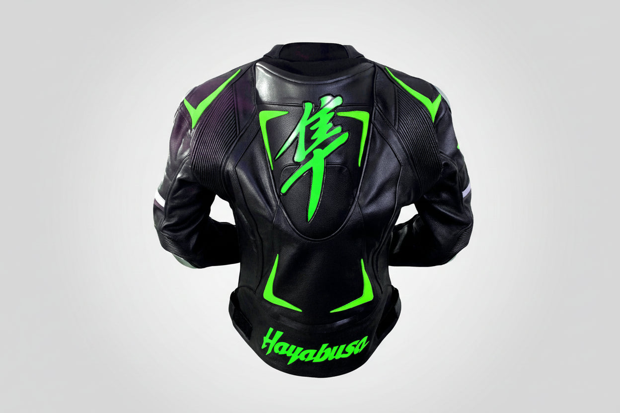 Detailed view of the neon green Hayabusa  branding, shoulder and technical leather panels on a black racing jacket.