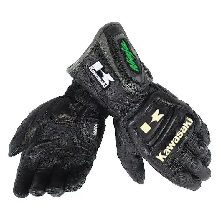 Kawasaki Ninja leather motorcycle racing gloves in black with green Ninja branding and knuckle armor.