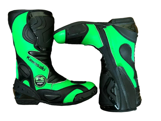 Kawasaki Ninja lime green and black leather motorcycle racing boots.