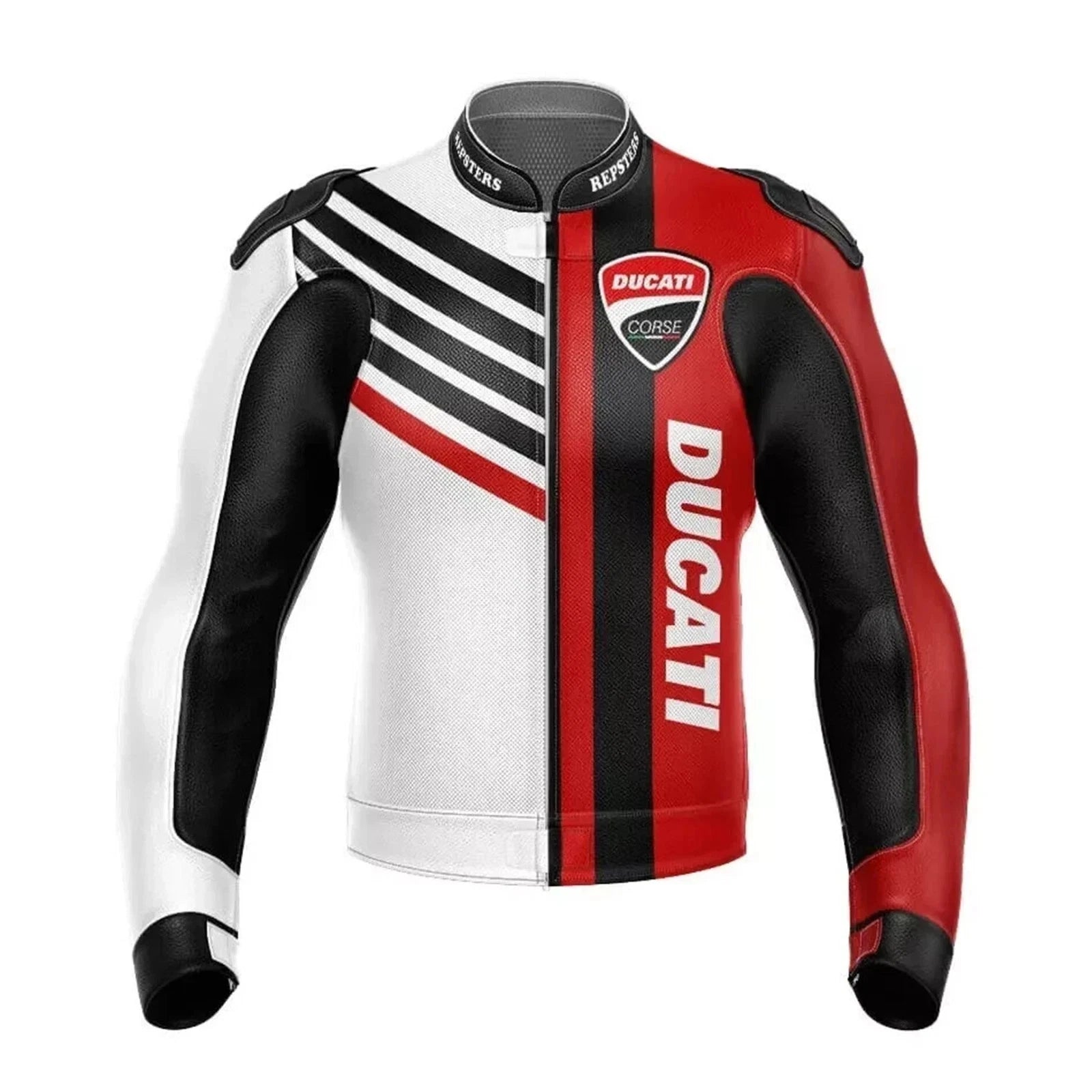 Ducati Corse red, white, and black leather motorcycle racing jacket.