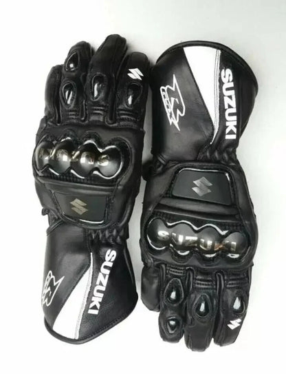 Suzuki GSX-R leather motorcycle racing gloves in black and white with metallic knuckle armor.
