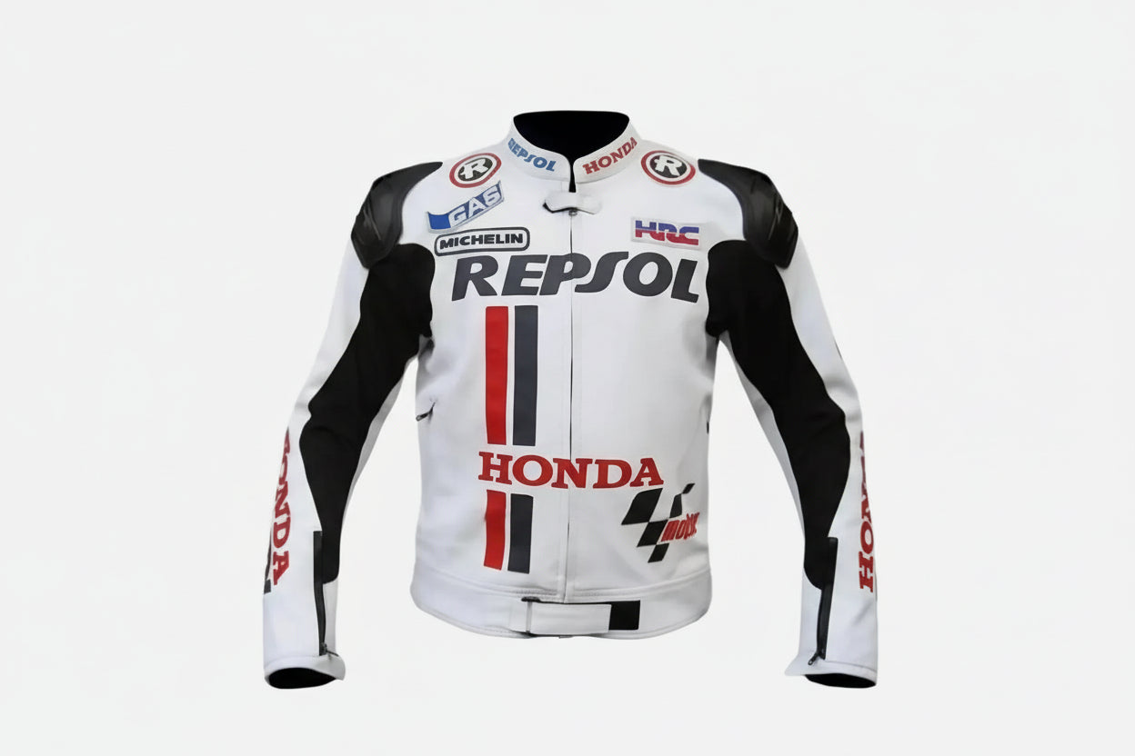 Honda Repsol black, red, and white leather motorcycle racing jacket with HRC branding and integrated armor.