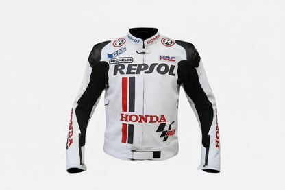 Honda Repsol black, red, and white leather motorcycle racing jacket with HRC branding and integrated armor.